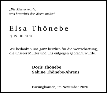 Traueranzeige von Elsa Thönebe von Hannoversche Allgemeine Zeitung/Neue Presse