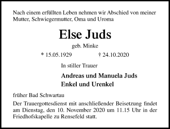 Traueranzeige von Else Juds von Lübecker Nachrichten