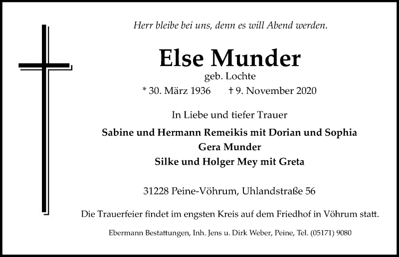  Traueranzeige für Else Munder vom 14.11.2020 aus Peiner Allgemeine Zeitung