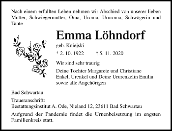 Traueranzeige von Emma Löhndorf von Lübecker Nachrichten