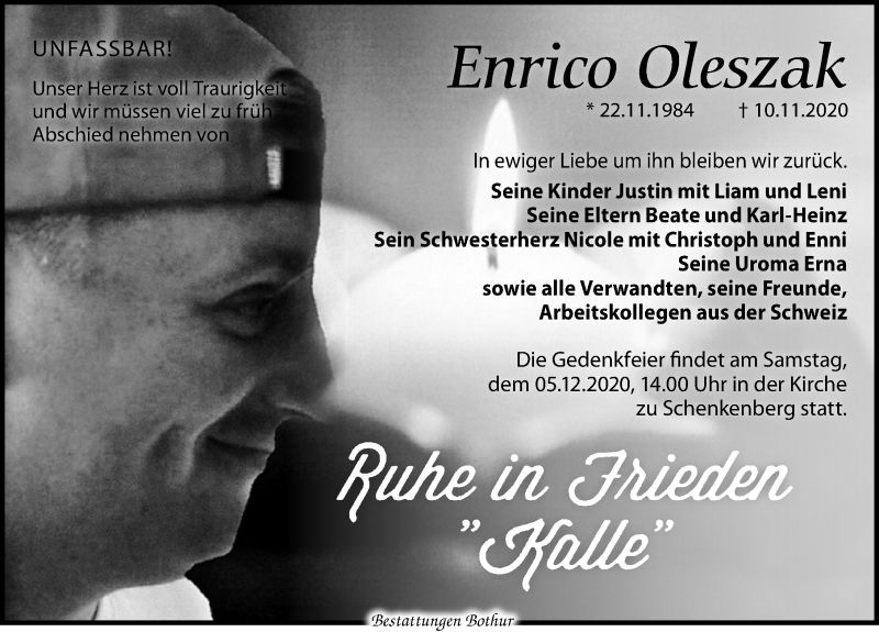  Traueranzeige für Enrico Oleszak vom 28.11.2020 aus Leipziger Volkszeitung