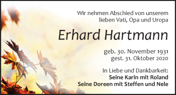 Traueranzeige von Erhard Hartmann von Leipziger Volkszeitung