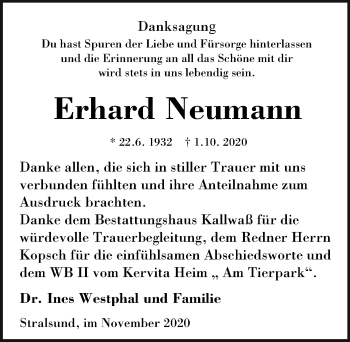 Traueranzeige von Erhard Neumann von Ostsee-Zeitung GmbH