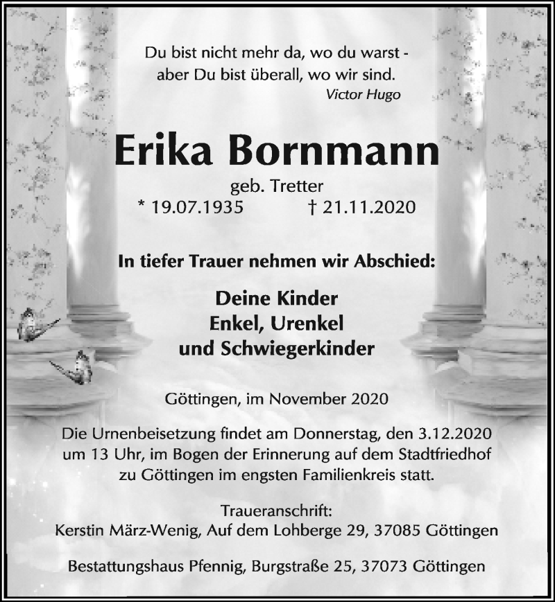  Traueranzeige für Erika Bornmann vom 28.11.2020 aus Göttinger Tageblatt