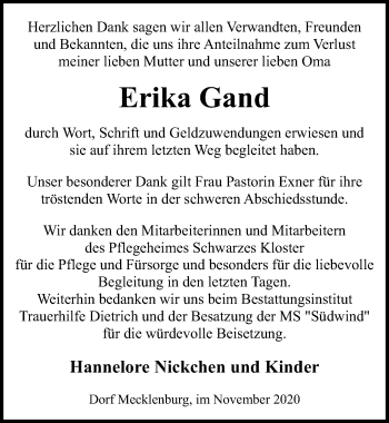 Traueranzeige von Erika Gand von Ostsee-Zeitung GmbH