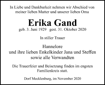 Traueranzeige von Erika Gand von Ostsee-Zeitung GmbH