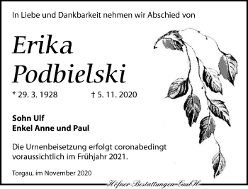 Traueranzeige von Erika Podbielski von Torgauer Zeitung