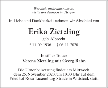 Traueranzeige von Erika Zietzling von Märkischen Allgemeine Zeitung