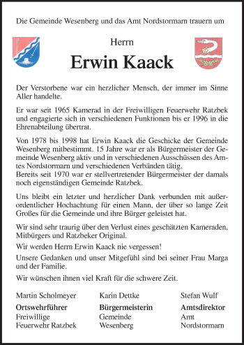 Traueranzeige von Erwin Kaack von Lübecker Nachrichten