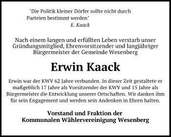 Traueranzeige von Erwin Kaack von Lübecker Nachrichten