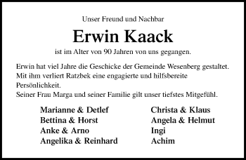 Traueranzeige von Erwin Kaack von Lübecker Nachrichten