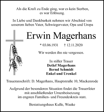 Traueranzeige von Erwin Magerhans von Göttinger Tageblatt