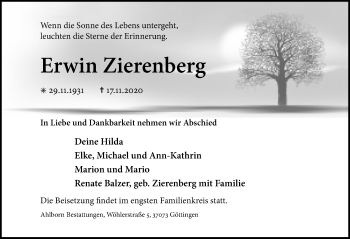 Traueranzeige von Erwin Zierenberg von Göttinger Tageblatt