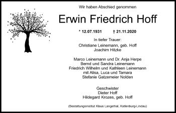 Traueranzeige von Erwin Friedrich Hoff von Göttinger Tageblatt