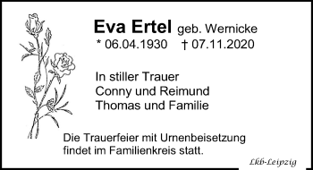 Traueranzeige von Eva Ertel von Leipziger Volkszeitung