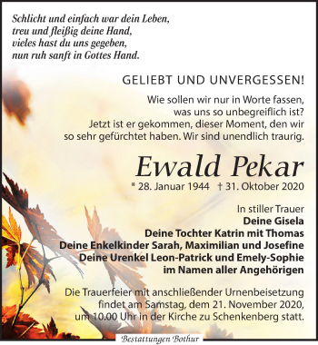 Traueranzeige von Ewald Pekar von Leipziger Volkszeitung