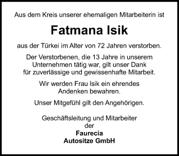 Traueranzeige von Fatmana lsik von Schaumburger Nachrichten