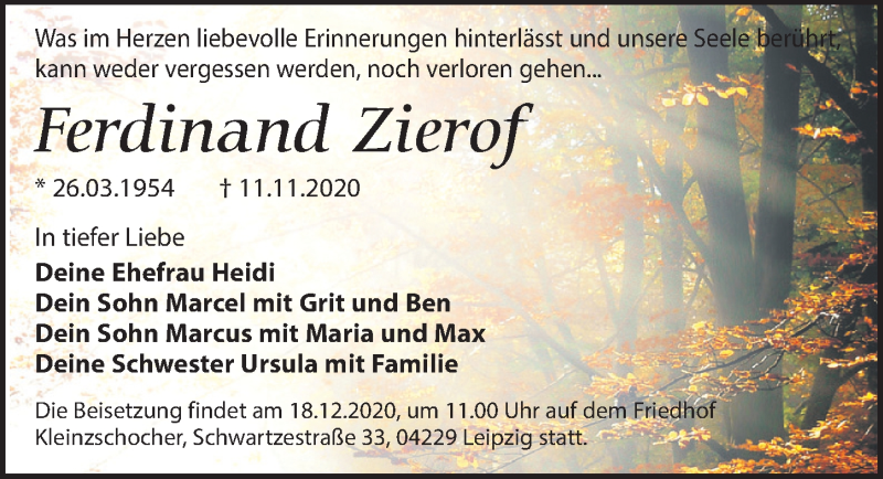  Traueranzeige für Ferdinand Zierof vom 28.11.2020 aus Leipziger Volkszeitung
