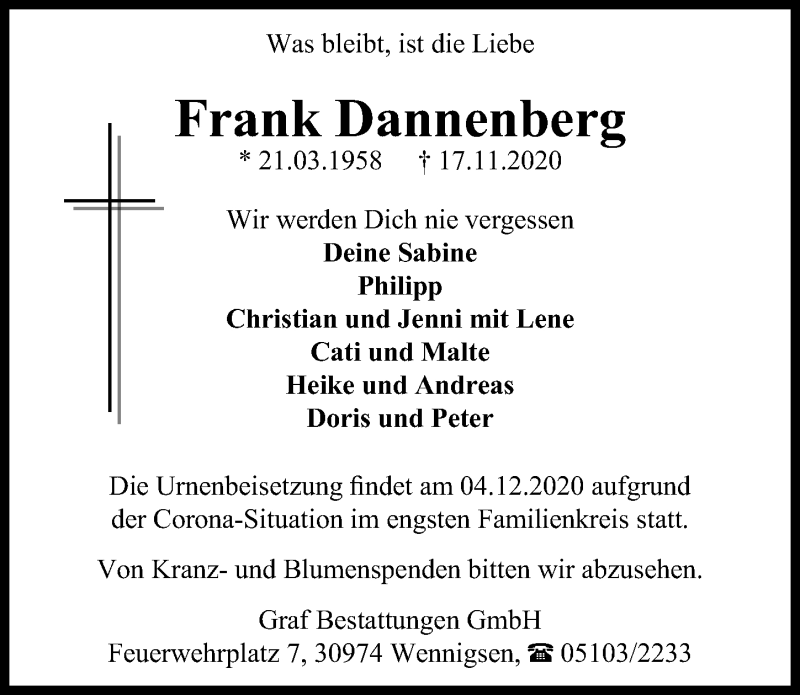  Traueranzeige für Frank Dannenberg vom 21.11.2020 aus Hannoversche Allgemeine Zeitung/Neue Presse
