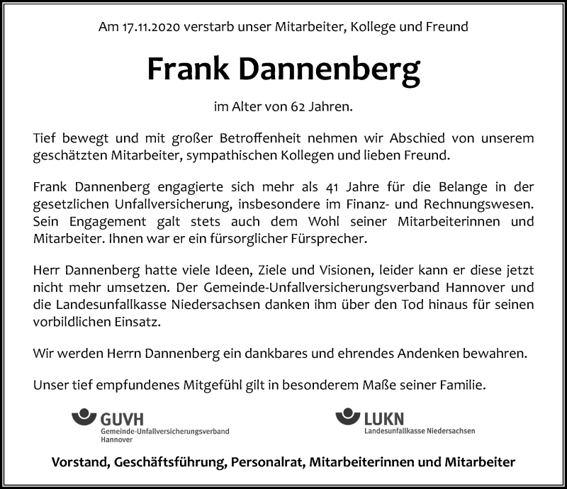  Traueranzeige für Frank Dannenberg vom 21.11.2020 aus Hannoversche Allgemeine Zeitung/Neue Presse
