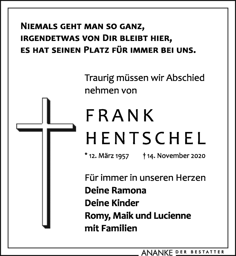  Traueranzeige für Frank Hentschel vom 21.11.2020 aus Leipziger Volkszeitung