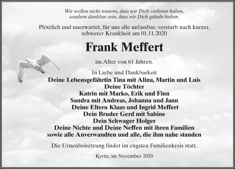  Traueranzeige für Frank Meffert vom 07.11.2020 aus Märkischen Allgemeine Zeitung