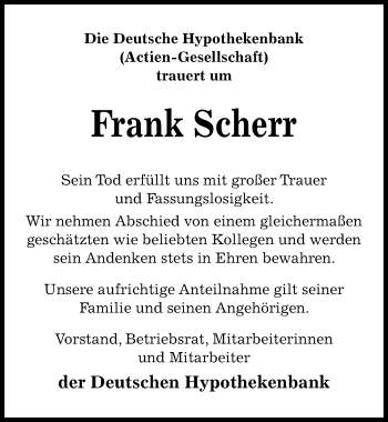 Traueranzeige von Frank Scherr von Hannoversche Allgemeine Zeitung/Neue Presse