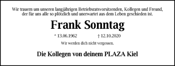 Traueranzeige von Frank Sonntag von Kieler Nachrichten