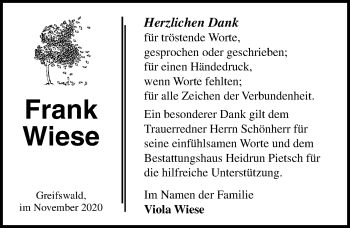 Traueranzeige von Frank Wiese von Ostsee-Zeitung GmbH