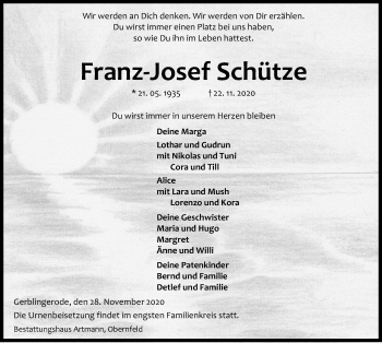 Traueranzeige von Franz-Josef Schütze von Eichsfelder Tageblatt