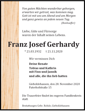Traueranzeige von Franz Josef Gerhardy von Eichsfelder Tageblatt