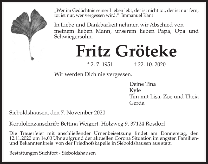  Traueranzeige für Fritz Gröteke vom 07.11.2020 aus Göttinger Tageblatt