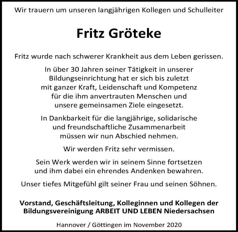  Traueranzeige für Fritz Gröteke vom 07.11.2020 aus Göttinger Tageblatt