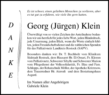 Traueranzeige von Georg Klein von Ostsee-Zeitung GmbH