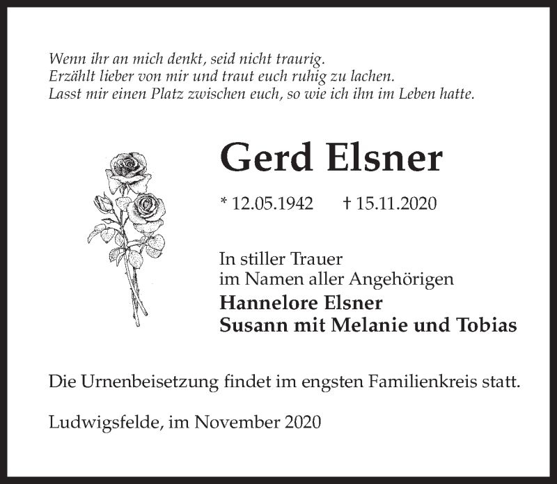  Traueranzeige für Gerd Elsner vom 21.11.2020 aus Märkischen Allgemeine Zeitung