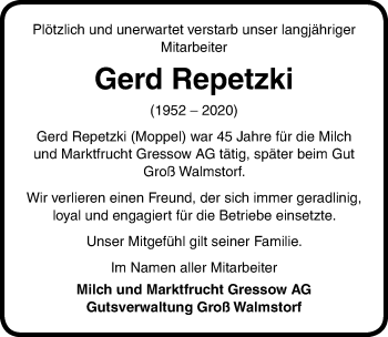 Traueranzeige von Gerd Repetzki von Ostsee-Zeitung GmbH