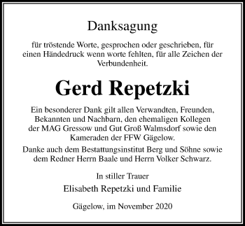 Traueranzeige von Gerd Repetzki von Ostsee-Zeitung GmbH