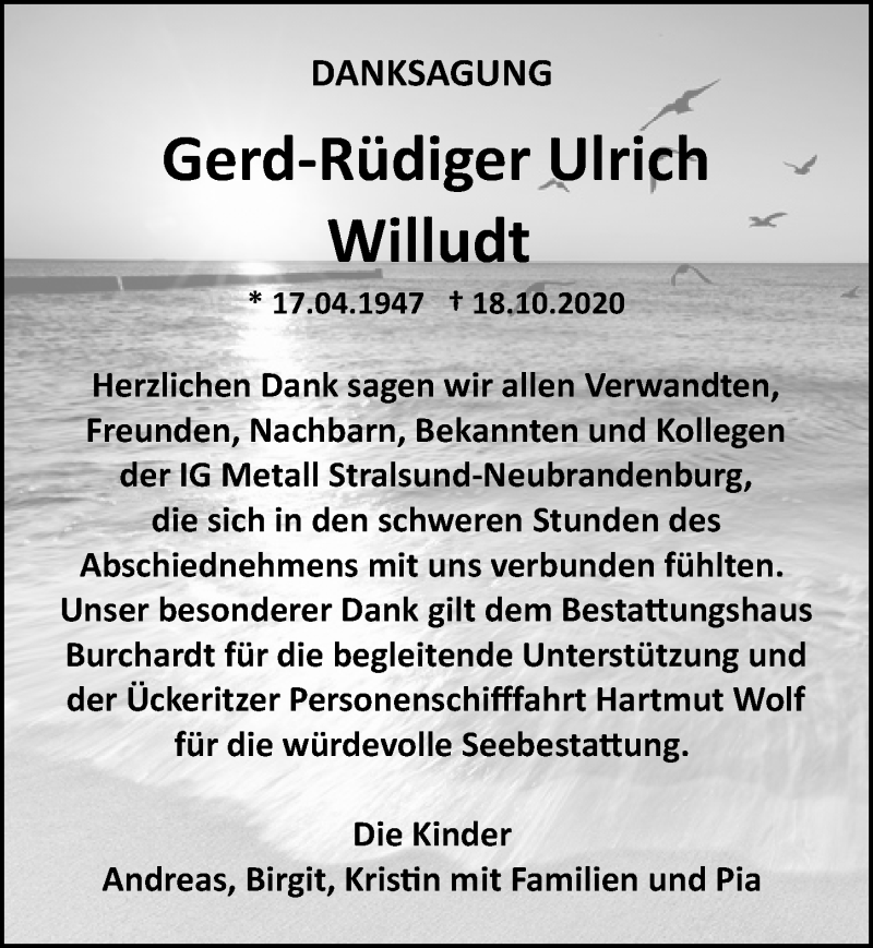  Traueranzeige für Gerd-Rüdiger Ulrich Willudt vom 14.11.2020 aus Ostsee-Zeitung GmbH