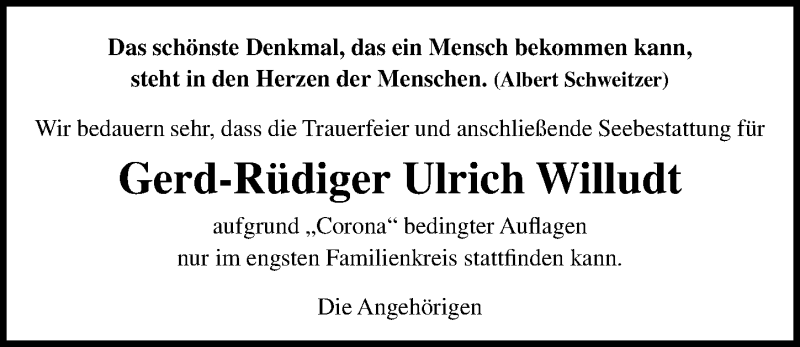  Traueranzeige für Gerd-Rüdiger Ulrich Willudt vom 05.11.2020 aus Ostsee-Zeitung GmbH