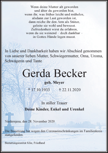 Traueranzeige von Gerda Becker von Göttinger Tageblatt