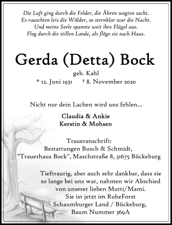 Traueranzeige von Gerda (Detta) Bock von Schaumburger Nachrichten