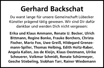 Traueranzeige von Gerhard Backschat von Lübecker Nachrichten