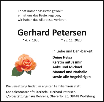 Traueranzeige von Gerhard Petersen von Aller Zeitung