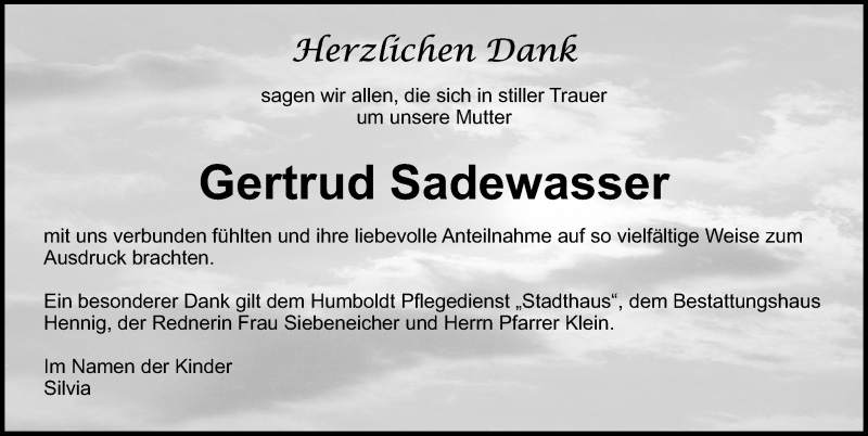  Traueranzeige für Gertrud Sadewasser vom 21.11.2020 aus Ostsee-Zeitung GmbH