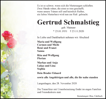 Traueranzeige von Gertrud Schmalstieg von Eichsfelder Tageblatt