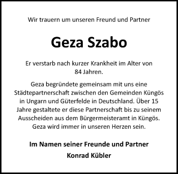 Traueranzeige von Geza Szabo von Märkischen Allgemeine Zeitung