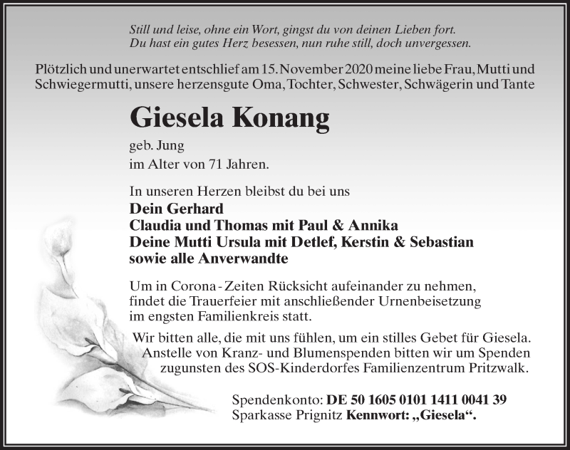  Traueranzeige für Giesela Konang vom 21.11.2020 aus Märkischen Allgemeine Zeitung