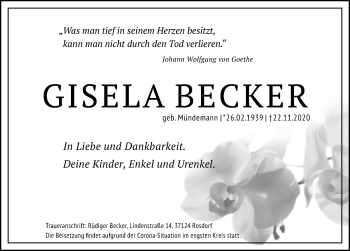 Traueranzeige von Gisela Beckere von Göttinger Tageblatt