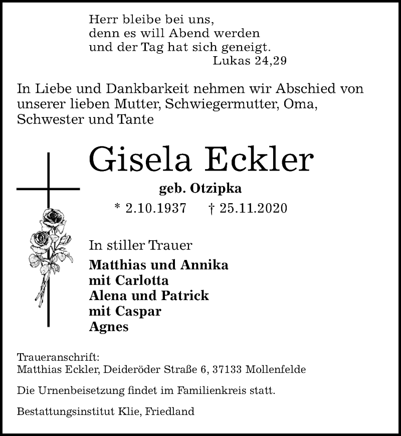  Traueranzeige für Gisela Eckler vom 28.11.2020 aus Göttinger Tageblatt