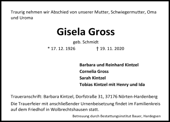Traueranzeige von Gisela Gross von Göttinger Tageblatt